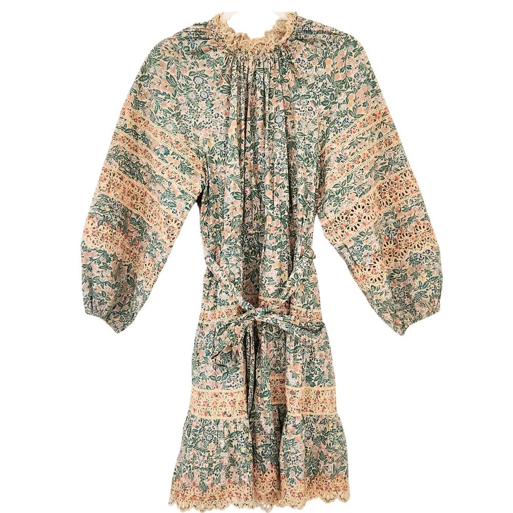 Ulla Johnson Dress Floral Cotton Mini Long Sleeve Green Pink Boho Ardith Sz 8 - Picture 6 of 14